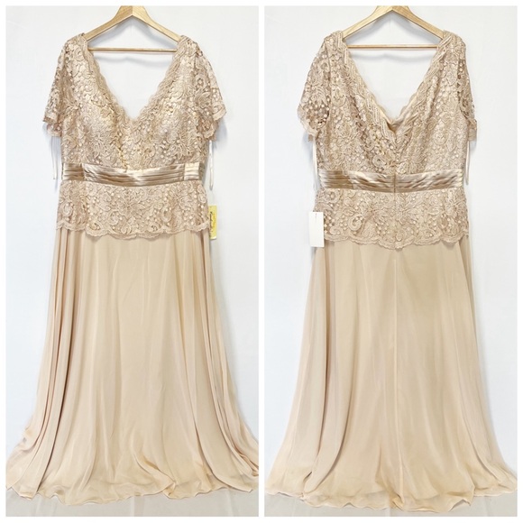 Cinderella Divine 1452 Champagne Beaded & Lace Chiffon Empire Waist Dress Sz 4XL - Picture 1 of 5